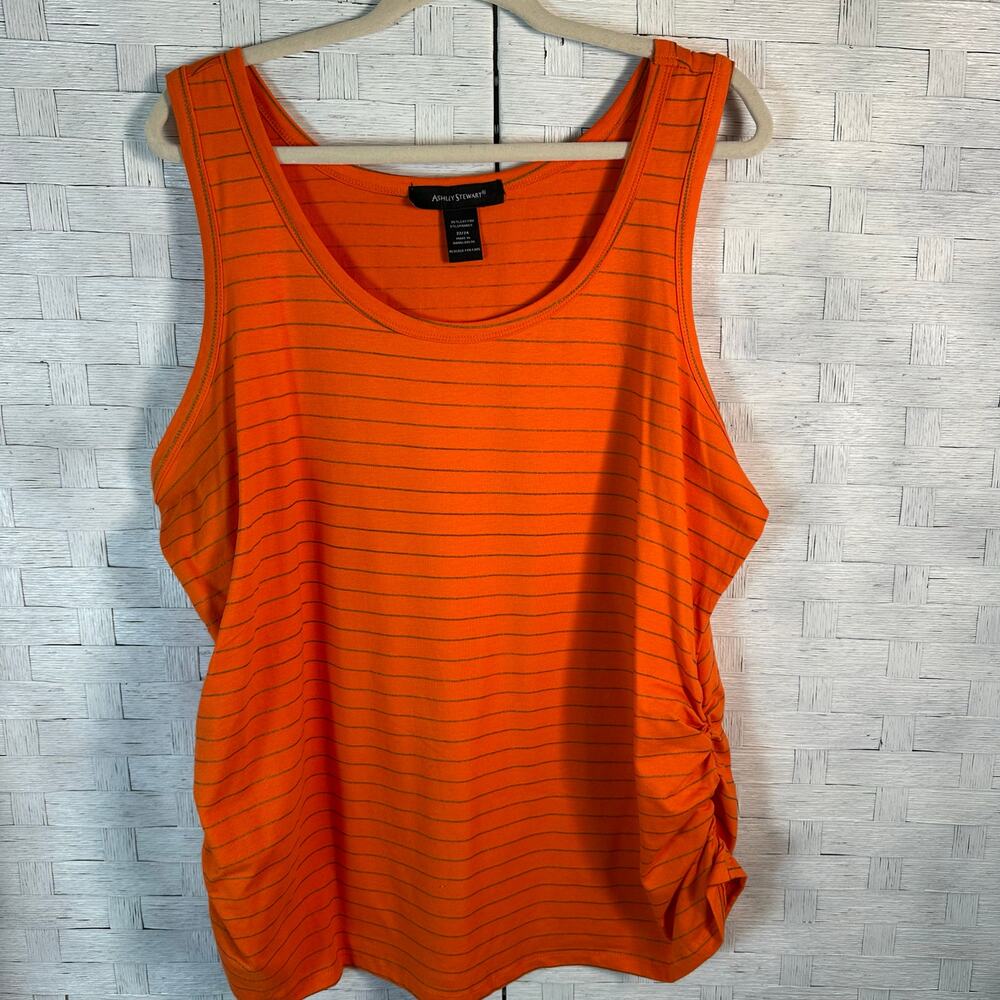 Ashley Stewart women’s ruched sides tank top orange gold pinstripe plus size